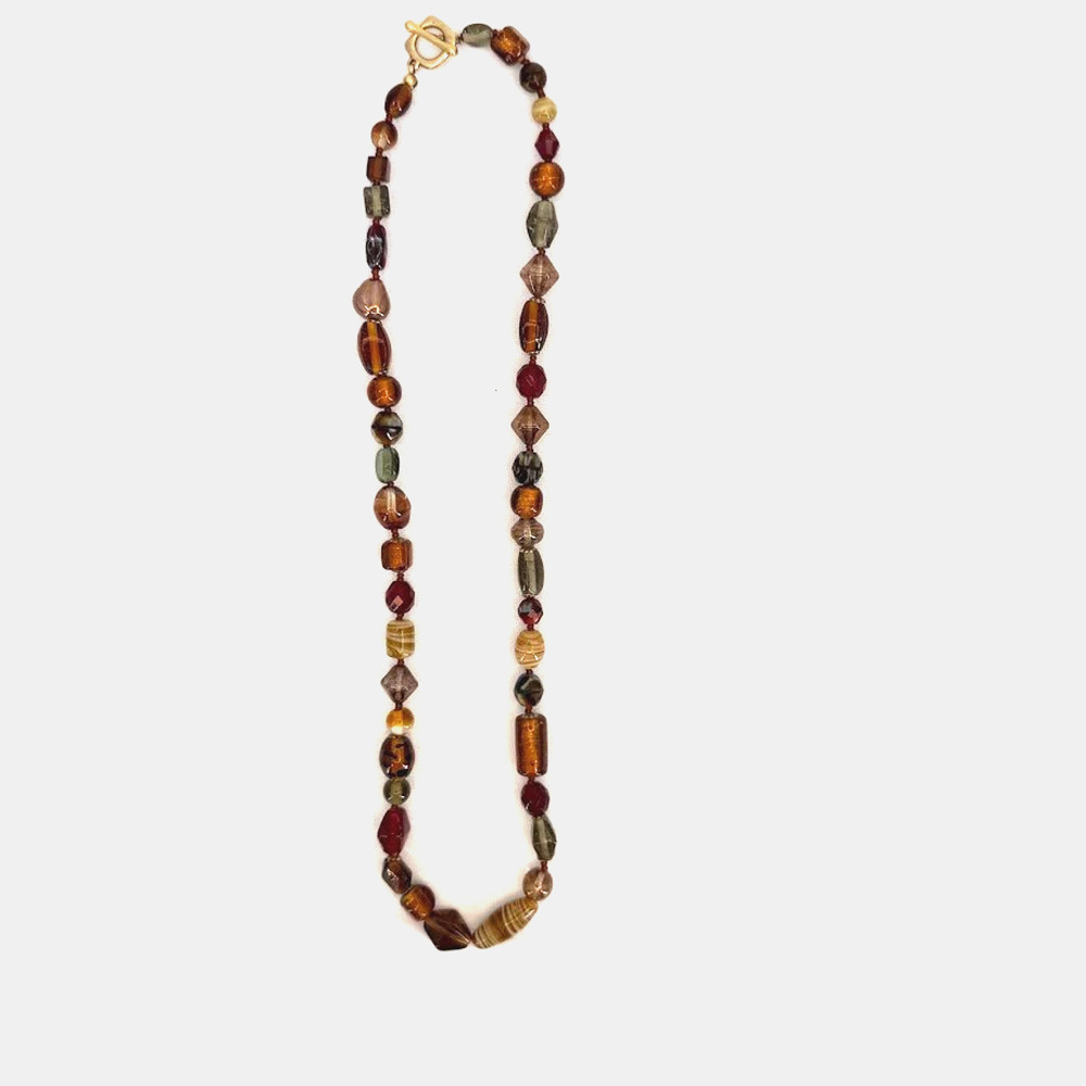Multicolor Glass Beaded Necklace Amber Red Green Toggle Clasp Boho